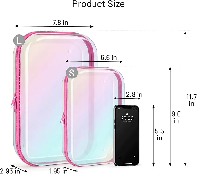 Clear Hard Shell Zipper Case,Makeup Bag,Iridescent Toiletry Bag,2pcs Large Capacity Water-resistant Toiletries Bag,Portable Travel Organizer and Storage,Bathroom Clear Cosmetic Case for Women