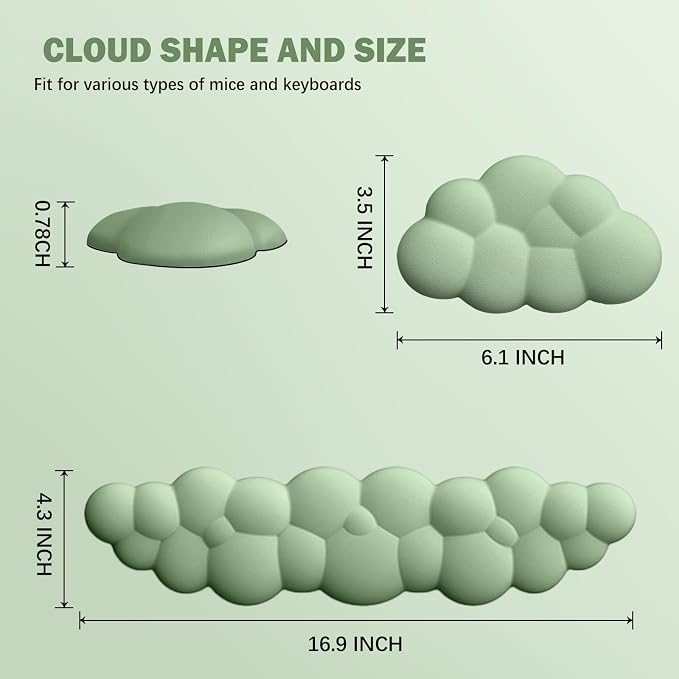 Cloud Keyboard Wrist Rest Mouse Pad Set, PU Leather Memory Foam Wrist Cushion Support, Mouse Wrist Pad, Non-Slip Wrist Support for Home, Office, Green Cloud