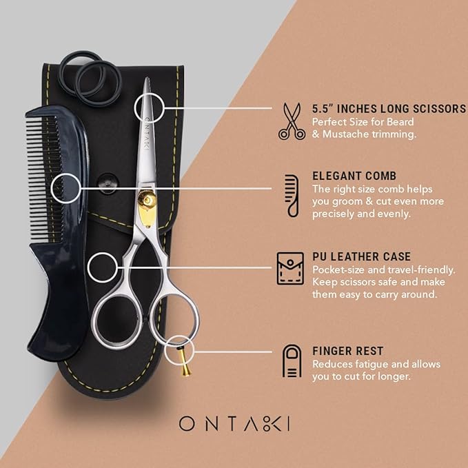 Ontaki Beard & Mustache Scissors for Men - 5.5" Japanese Steel, Silver | Precision Sharp Blades, Ergonomic Finger Rest & Adjustable Tension Screw for Perfect Trimming - Beard Grooming Scissors