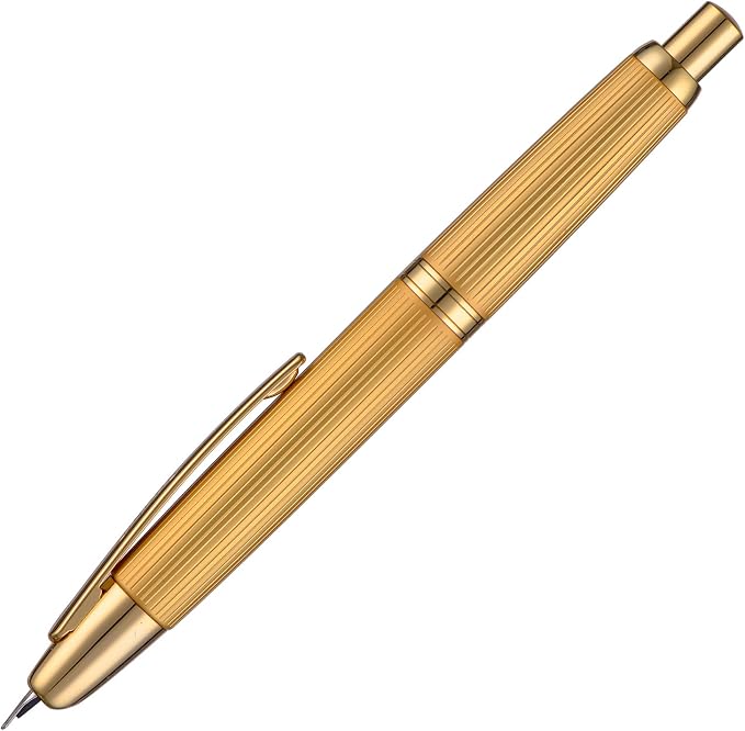 Jinhao 10 Press Fountain Pen with Box, Brushed Matt Gold Retractable Medium Nib with Ink Converter Set (Golden Clip)