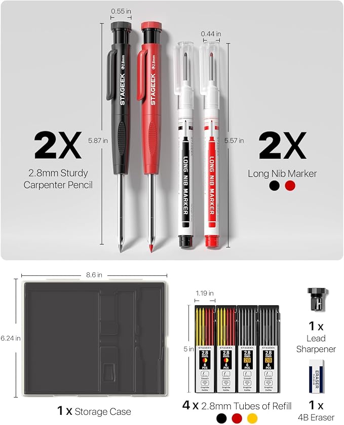 STAGEEK 2.8mm Carpenter Pencils with Sharpener, 2-Pack, Storage Case | 26 Refills, Deep Hole Long Nib Marker, Waterproof Heavy Duty Woodworking Tools for Architect Construction Electricians