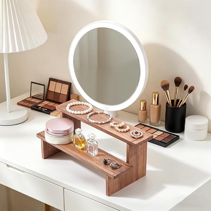 NBEADS 2-Tier Wooden Display Riser Shelf, Tabletop Small Food Stand Risers Display Makeup Step Perfume Organizer for Fragrance Cosmetics Figure Collection, Peru, 11.65×5.47×5.00inches
