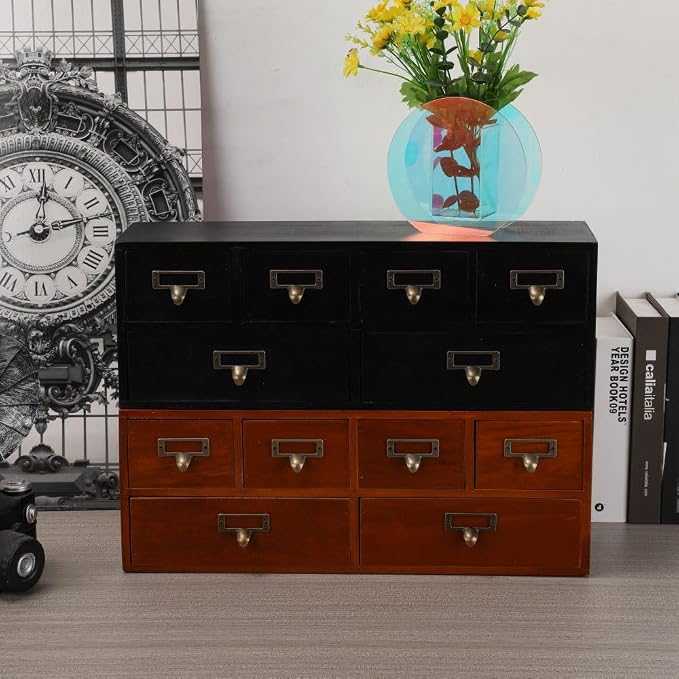 Apothecary Drawers Wooden Storage Box with 6 Drawers Vintage Countertop Wooden Drawers Apothecary Cabinet Library Card Catalog Cabinet (BROWN)