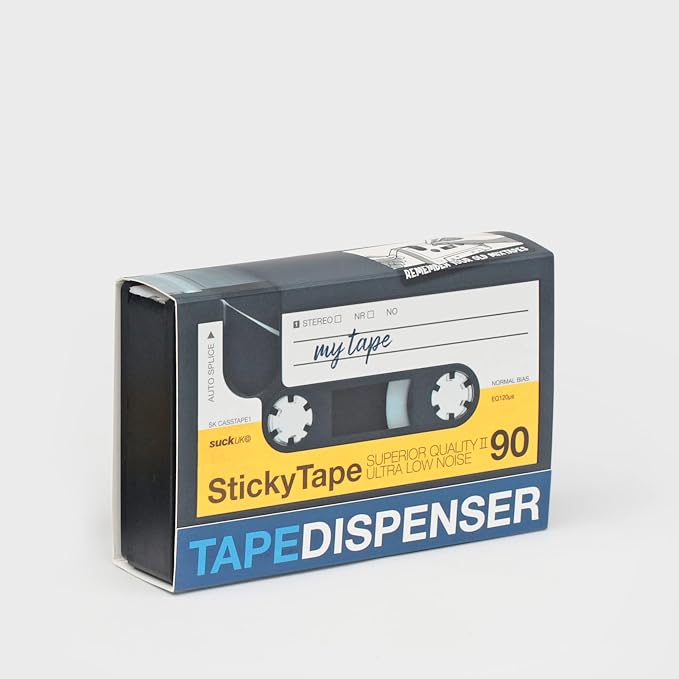 Suck UK Tape Dispenser - Retro Cassette Tape Dispenser Desk - Retro Desk Accessories - Novelty Office Accessories - Sticky Holder - Double Sided Organiser - Old School Stationery Gift - Refillable