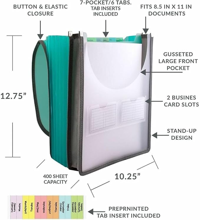 C-Line 7-Pocket Vertical Expanding Backpack Organizer File, 1 File, Color May Vary (58700), Assorted, 1" x 10 1/4" x 12 3/4"