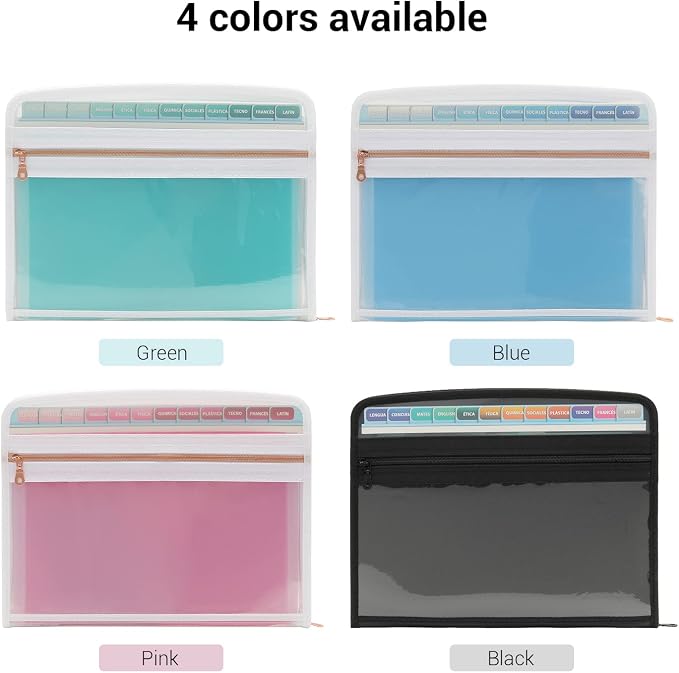 Mukawa 13 Pocket Expanding File Folder, Zipper Accordion File Folder, Expandable Folder with Customized Labels, Document Organizer for School Kids, Office Paper Organizer, Letter Size (Green)