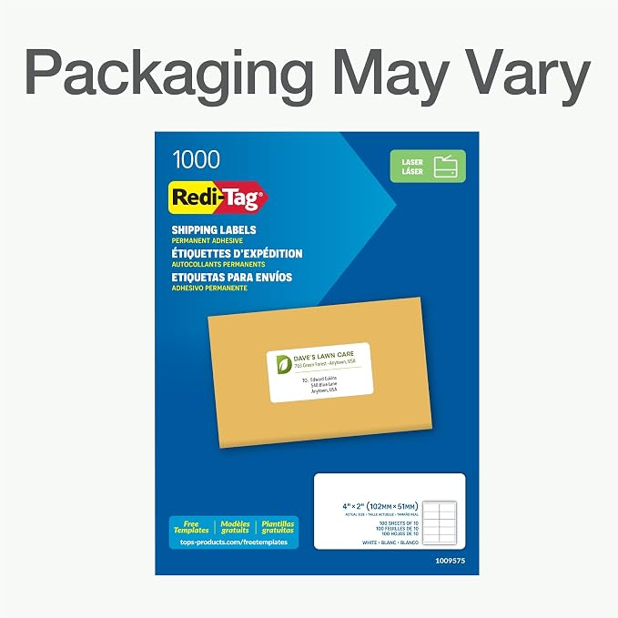 Redi-Tag 2" x 4" Shipping Labels, 1000 per Pack, White, Laser Printer Labels, Self-Adhesive, Permanent Stick, Smudge-Resistant, Perfect for Shipping, Mailing, and Warehouse Use