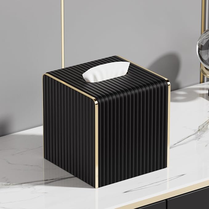 Tissue Box Cover,Black Square Luxury PU Leather Tissue Holder with Gold-Tone Edging Accents,Tissue Box Cover for Bathroom Toilet Bedroom Living Room Table Desk Office,Coffee Table Decor
