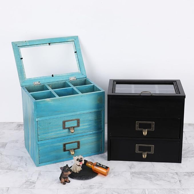 Small Wooden Drawers Wooden Box with Drawer Blue | 2 Drawer Storage Box for Apothecary Cabinet, Apothecary Drawers,Desktop Organizer with Metal Handles for Office,Home