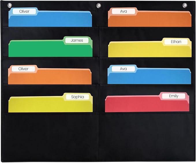 Essex Wares - 8 Pocket File Pocket Chart, Black, 28" Wide x 26" Tall - Versatile Wall Hanging File Folder Organizer for Classroom, Office, Home, and More - Wall Folder Organizer - 8 Pockets