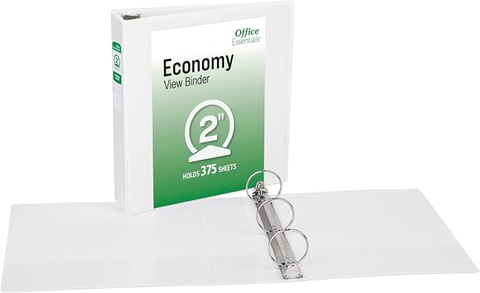Office Essentials Economy View 3 Ring Binders, 2" Round Rings, 2.8" Spine, 375-Sheet Capacity, White Binders (12-Pack of 03428)