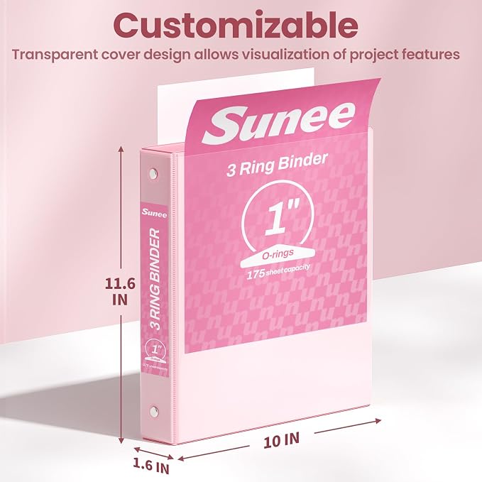 SUNEE 1 Inch Binders 3 Ring 6 Pack, Clear View Three Ring Binders PVC-Free (Fit 8.5x11 Inches) for School or Office Supplies, Pastel Binder