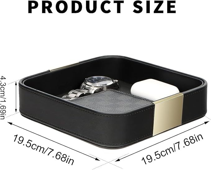 SANZIE Luxury Leather Desktop Storage Small Catchall Organizer Decorative Tray for Entryway Table to Hold Jewelry Watch Cosmetics Keys Phone Wallet, Home & Office Accessories (Metal Gilded, Black)