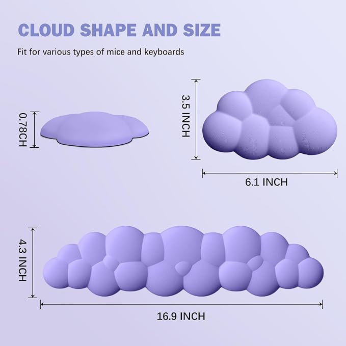 Cloud Keyboard Wrist Rest Pad Set,Enlarge PU Leather Memory Foam Wrist Cushion Support,Easy Typing Pain Relief,Mouse Wrist Rest Pad,Non-Slip Wrist Support for Home, Office, Lavender Purple