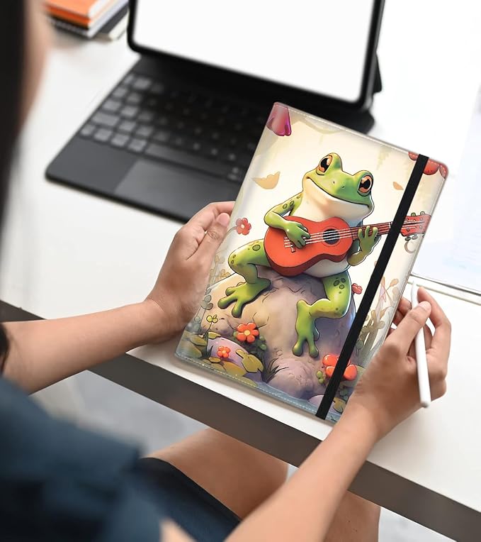 A5 Leather Lined Journal Notebook, 200 Pages Hardcover Executive Notebook for Men Women Office School Note Taking, Thick Writing Paper Daily Journal with Bookmarks/Indexes, Frog Playing Guitar