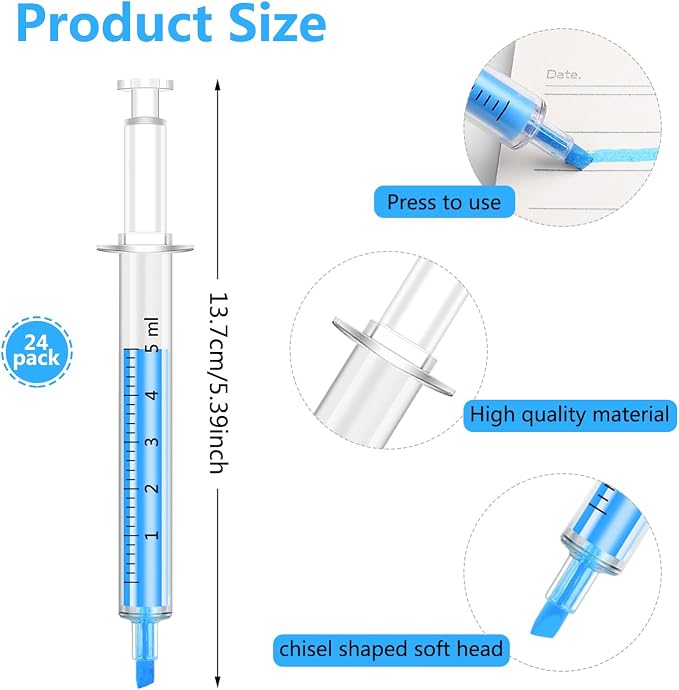 Syringe Highlighter Pens with 6 Colors (24pc) - Bulk Medical Theme Gifts for Nurses & Office Supplies