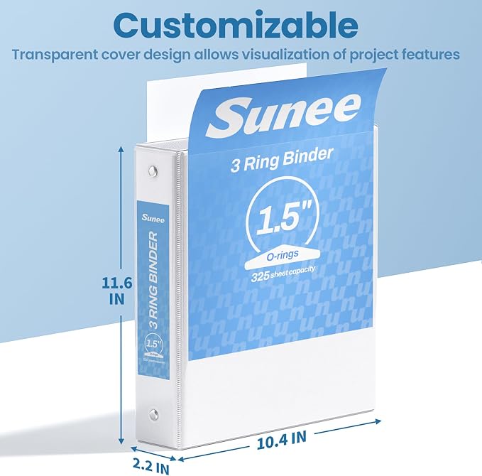 SUNEE 1.5 Inch Binders 3 Ring 8 Pack Bulk, PVC-Free Clear View 1 1/2 Inch Binders (Fits 8.5x11 Inches) for School, Office & Home Use, White
