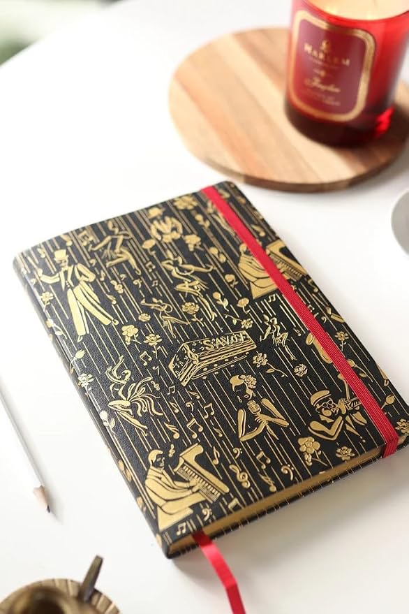 HARLEM CANDLE CO. Journal Notebook - Vegan Leather Journals for Writing, 300 pages lined paper- Writing Gift- Perfect for Office, Poets, Travel -(8.5"x6") (Black/Gold)