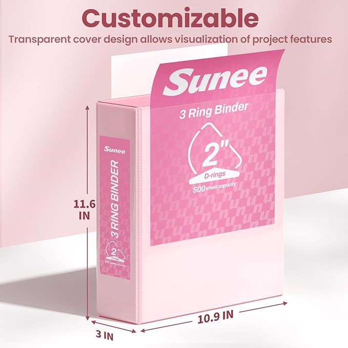 SUNEE 3 Ring Binder 2 Inch, Clear View Binder Three Ring PVC-Free (Fit 8.5x11 Inches) for School or Office Supplies, Assorted Pastel, 4 Pack