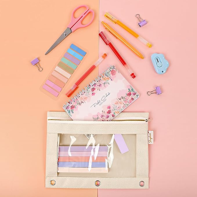 SKYDUE Pencil Pouches for 3 Ring Binder, Zipper Pencil Pouch for Girls Boys, Clear Window Pencil Bag, 3 Ring Pencil Pouch Case for Binder, Durable Organizer for School Supplies
