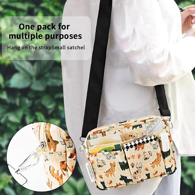 E-WEICHEN Multiple Pockets Portfolio Organizer with Zippered, Makeup Bag Travel Essentials for Women, Simple Waterproof Stationery Pencil Pouch Bag for Journal Office Art Supplies.Beige Dog