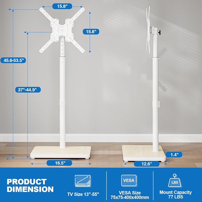 Swivel/Tilt Universal Floor TV Stand with Mount for 13-55 Inch TVs or Monitors, Height Adjustable Tall TV Stand with Sturdy Wooden Base Hold up to 77 lbs, Max VESA 400x400mm, White