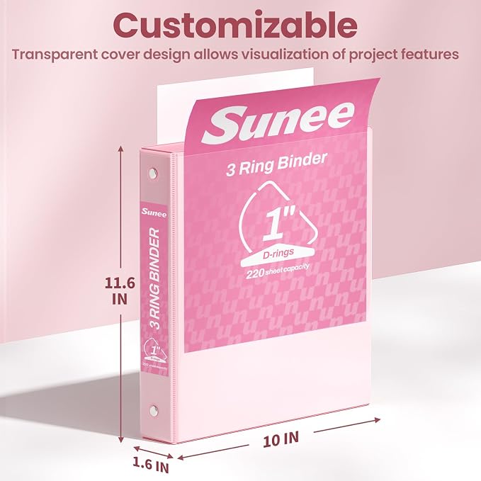 SUNEE 3 Ring Binder 1 Inch D Ring, Clear View Binder Three Ring PVC-Free (Fit 8.5x11 Inches) for School or Office Supplies, Assorted Pastel, 4 Pack