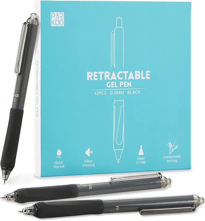 ParKoo Gel Pens Quick Dry Ink Fine Point 0.5mm, Retractable Rolling Ball Black Ink, Click Silent Pens Set for Journaling Notetaking Drawing Sketching Smooth Writing Non Bleed 12pcs