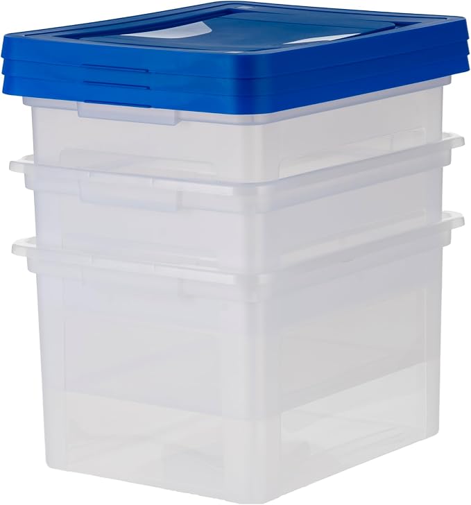 IRIS USA 3-Pack 35 Qt. Letter/Legal File Box with Lid, Clear/Blue | Protect important documents, letter and legal files with secure storage for home offices, moving, and long-term organization