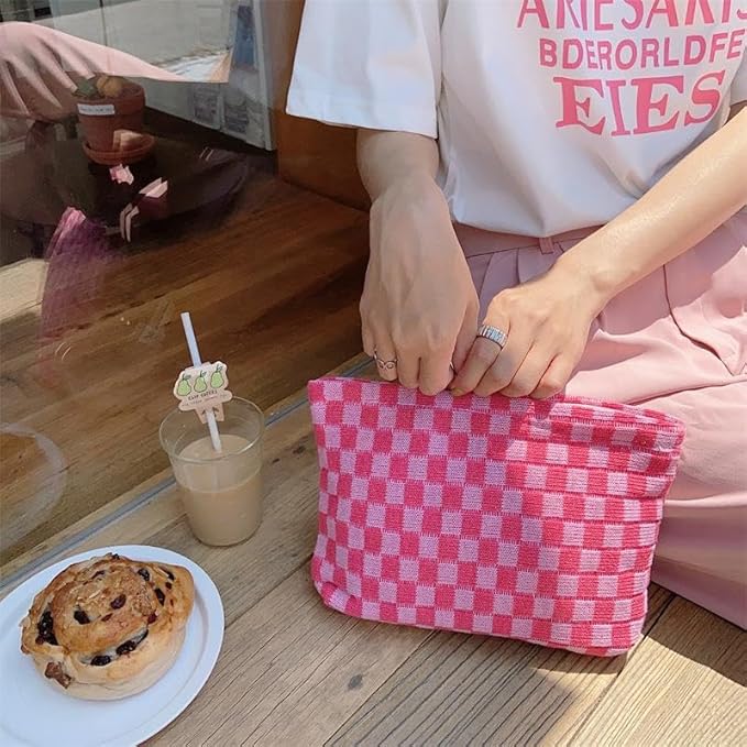 PAZIMIIK Checkered Makeup Bag for Purse, Small Flat Cosmetic Pouch,Hotpink | Cute Zipper Makeup Organizer for Women, Travel Essentials, Toiletries, Makeup Brushes, Beauty Accessories&Bridesmaid Gifts