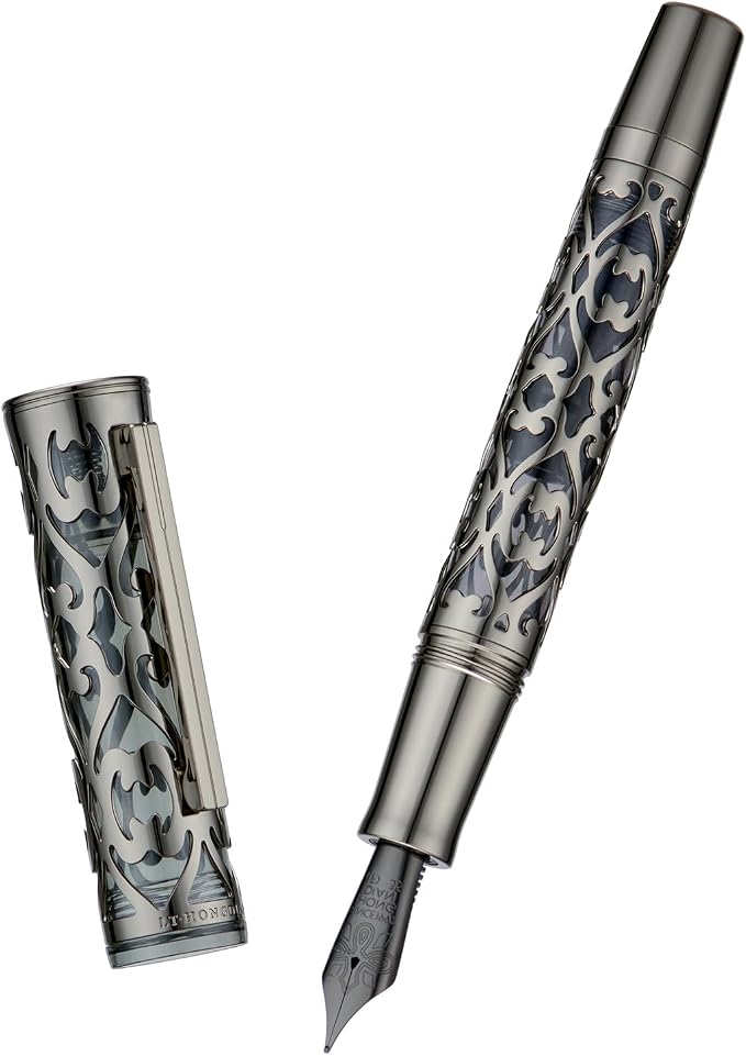 HONG DIAN D1 Piston Fountain Pen Fine Soft Nib, Jet Black Hollow Skeleton & Resin Pen with Metal Case Set