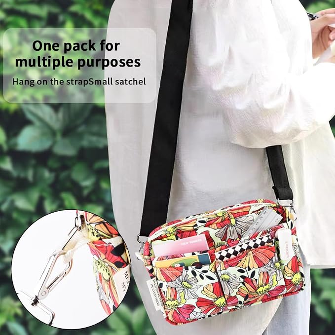 E-WEICHEN Multiple Pockets Portfolio Organizer with Zippered, Makeup Bag Travel Essentials for Women, Simple Waterproof Stationery Pencil Pouch Bag for Journal Office Art Supplies.Red Ink Flower