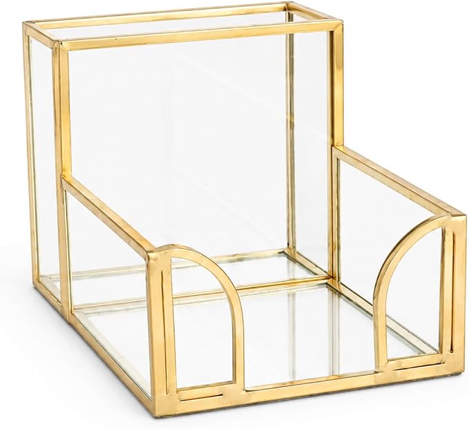 Feyarl Gold Glass Note Holder with Pen Pencil Cup 3x3 Inch Sticky Notes Desk Organizer Markers Pen Storage Desktop Accessory for Office Home Classroom