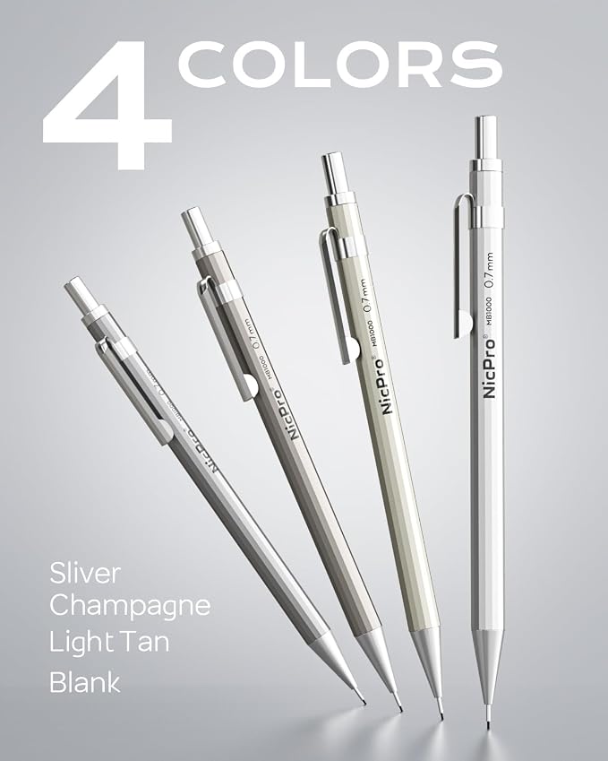 Nicpro 4 Pack Mechanical Pencil 0.7mm, MB1000 Metal Mechanical Pencil Set | 6 Tube HB #2 Lead Refill 0.7 mm, 3PCS 4B Eraser, 9 Cap Eraser, Storage Case for Artist Drafting Writing, Sketching, Drawing