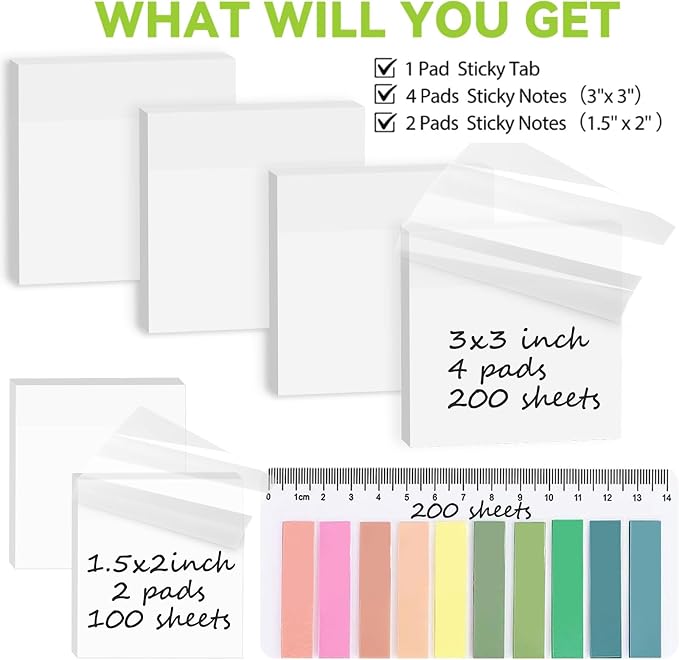7-in-1 Transparent Sticky Notes 【400 Sheets: 7 Pads】- Tecolu 3x3 inch Clear Sticky Note with Sticky Tabs Waterproof & 5X Stickiness, See-Through Translucent Sticker for School Office Bible Supplies