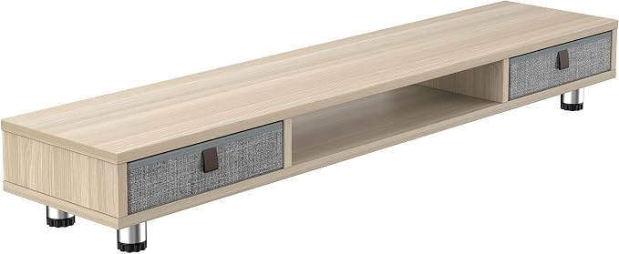 Fenge Dual Monitor Stand, 2-Tier Desk Organizer with Drawers, 42.5in, Oak | Monitor Riser with Storage, Ergonomic Height Adjustable Computer Stand, Desk Shelf for Top of Desk, Laptop, PC, TV