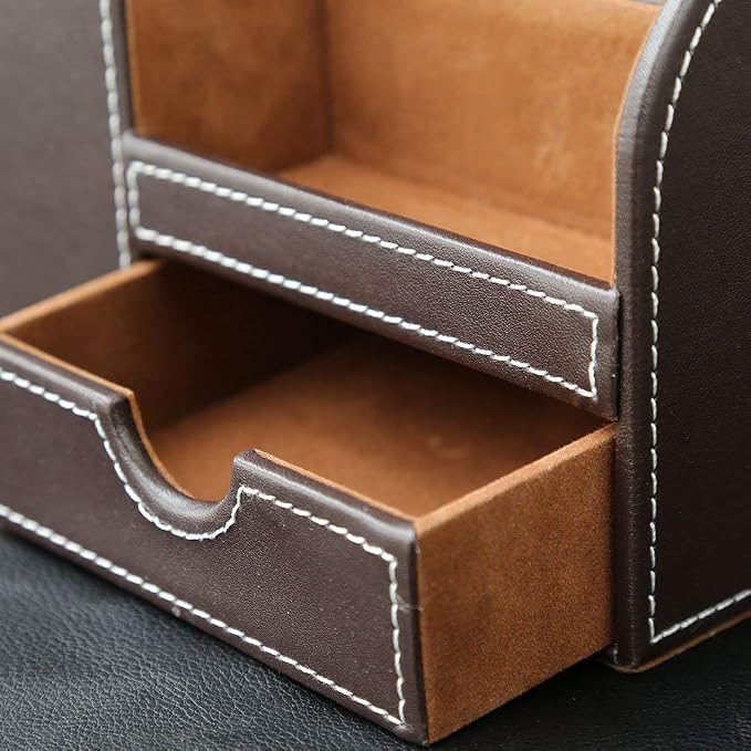 KINGFOM Desk Organizer Office Supplies Caddy Pu Leather Multi-function Storage Box Pen/Pencil,Cell phone, Business Name Cards Remote Control Holder with Small Drawer Brown