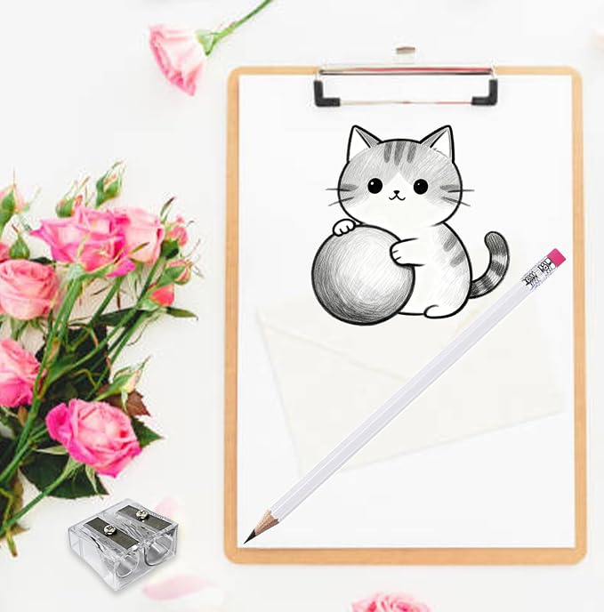 Adhere 25pcs Woodcase Pencils with Eraser Premium Pre-Sharpened Hexagon Graphite 2B pencils ideal for home, office writing including a Free Sharpener(White・25pcs)