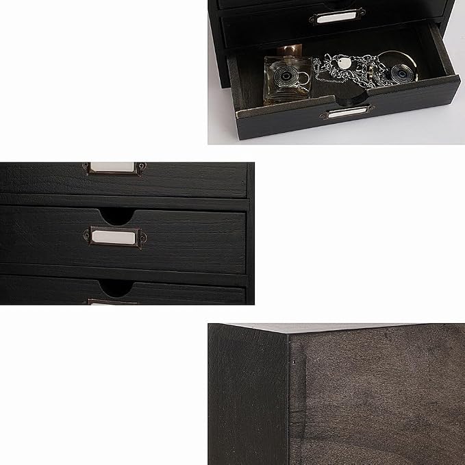 Small Wooden Drawers Wooden Box with Drawer Black | 3 Drawer Storage Box for Apothecary Cabinet, Apothecary Drawers,Desktop Organizer with Metal Handles for Office,Home