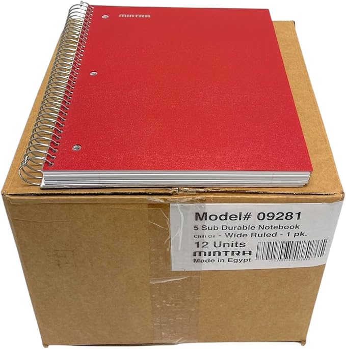 Mintra Office Durable Spiral Notebooks, 5 Subject (Chili Oil, Wide Ruled 12pk)