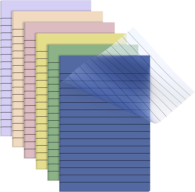 Yinder 6 Pack Colored Transparent Sticky Notes Translucent Clear Lined Self Sticky Notes, Back to School Gift Bible Tab for Planners, School Supplies Office, 30 Sheets/Pack, 4 x 6'' (Light Color)