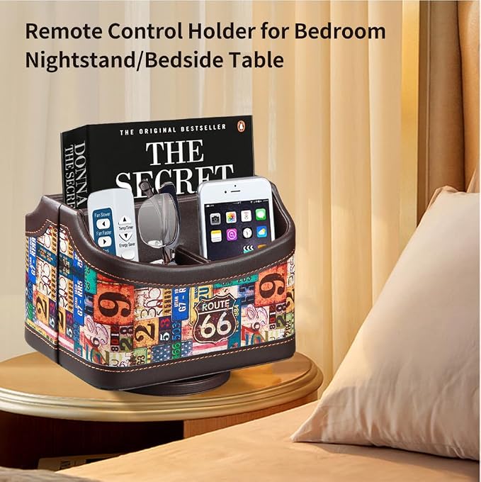 PUSU Remote Control Holder,Colorful Pattern Nightstand TV Caddy,Pen Holder | PU Leather 360 Degrees Rotatable Desktop Organizer Storage Box for TV Remotes/Media Controllers/Office Supplies/Mail
