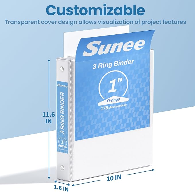 SUNEE 3 Ring Binders 1 Inch 12 Pack, Clear View Binders Bulk Three Ring PVC-Free (Fit 8.5x11 Inches) for School or Office Business Supplies, White