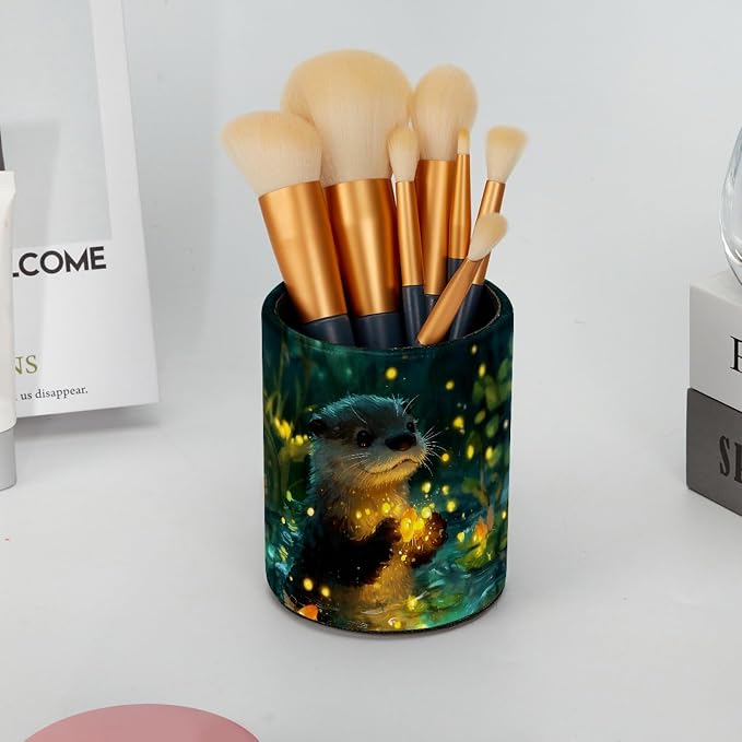 Cute Otter Leather Pen Holder for Desk, Multifunctional Desktop Organizer Pencil Cup, Desktop Caddy Stationery Organizer for School Home Office Desk Accessories