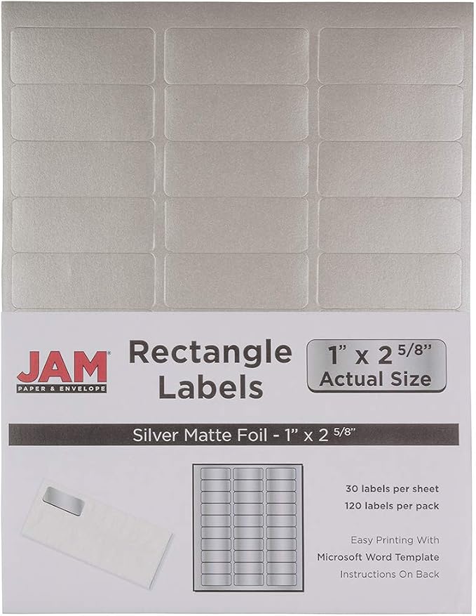 JAM PAPER Return Address Labels - Standard Mailing - 1 x 2 5/8 - Silver Metallic - 120 Shipping Labels/Pack