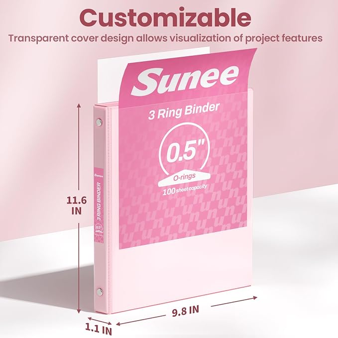 SUNEE 1/2 Inch Binders 3 Ring 6 Pack, 3 Ring Binders Clear View PVC-Free Bulk (Fit 8.5x11 Inches) for School or Office Supplies, Pastel Binder