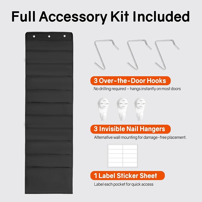 SUNEE 10 Pockets Hanging Wall File Organizer, Black Storage Pocket Chart for File Folder and Paper, Space Saver for Office and Classroom, with Wall Hangers, Over The Door Hooks, Labels