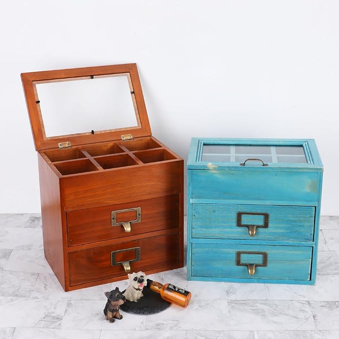Small Wooden Drawers Wooden Box with Drawer Brown | 2 Drawer Storage Box for Apothecary Cabinet, Apothecary Drawers,Desktop Organizer with Metal Handles for Office,Home