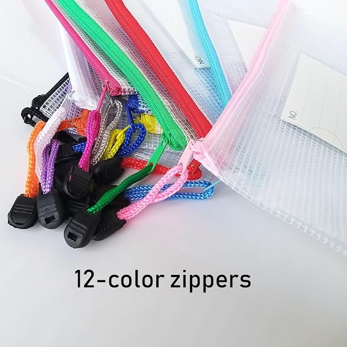 Plastic Mesh Zipper Pouch, 12Pcs Zipper File Bags with Label Pocket, Game Boards Storage Bags, Waterproof Document Storage Bags for Office Home Travel (Receipt Size 9.2x4.1 in)