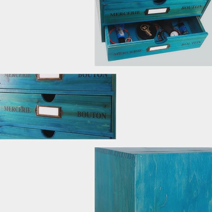 Large Wooden Drawers Wooden Box with Drawer Blue | 4 Drawer Storage Box for Apothecary Cabinet, Apothecary Drawers,Desktop Organizer with Metal Handles for Office,Home